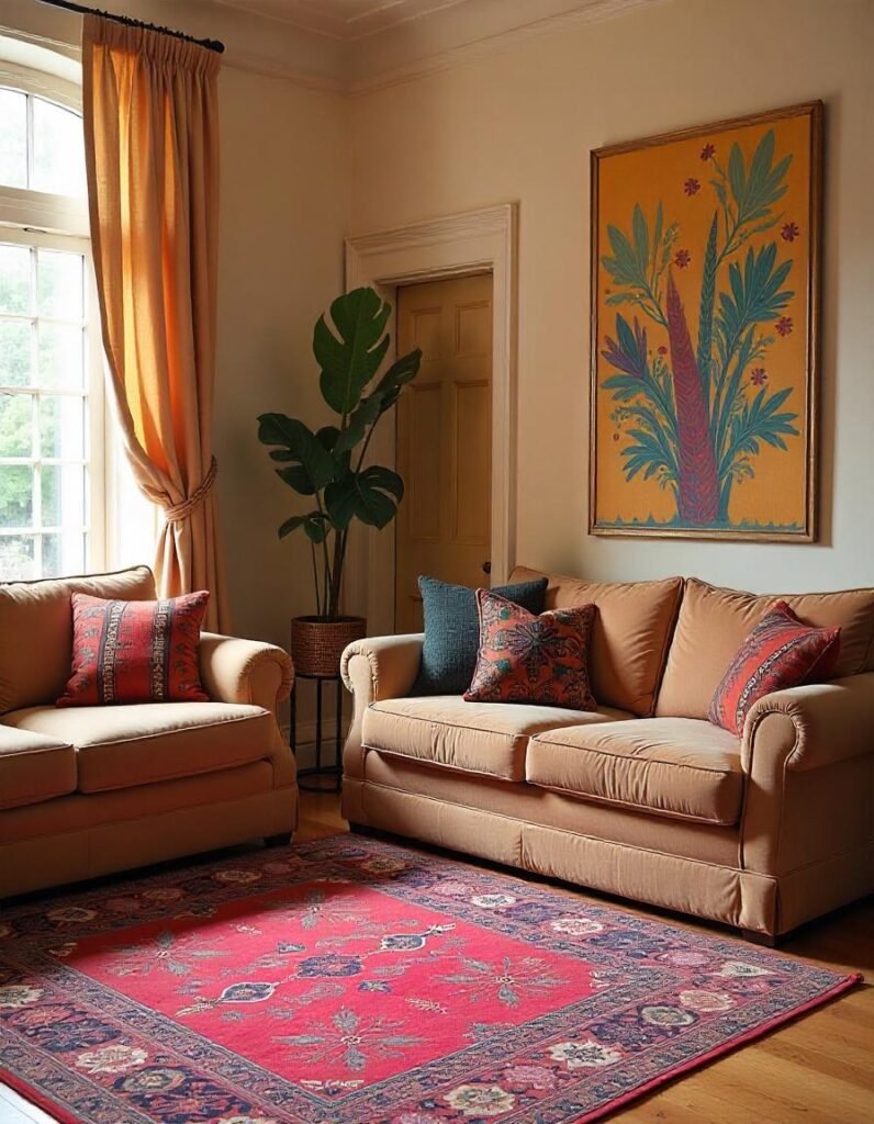 Rugs with Camel Couch in the living room