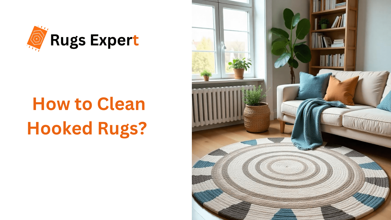 Image containing how to clean hooked rug text and a beautiful living room interior