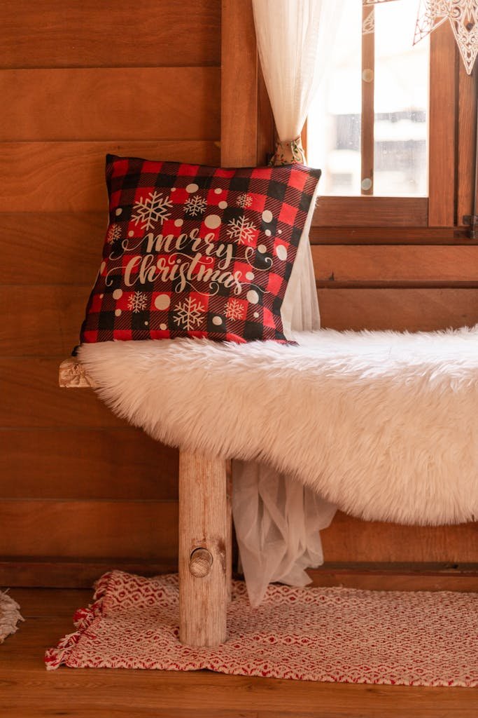 Cozy Indoor Bench with Christmas Pillow and sheepskin rug