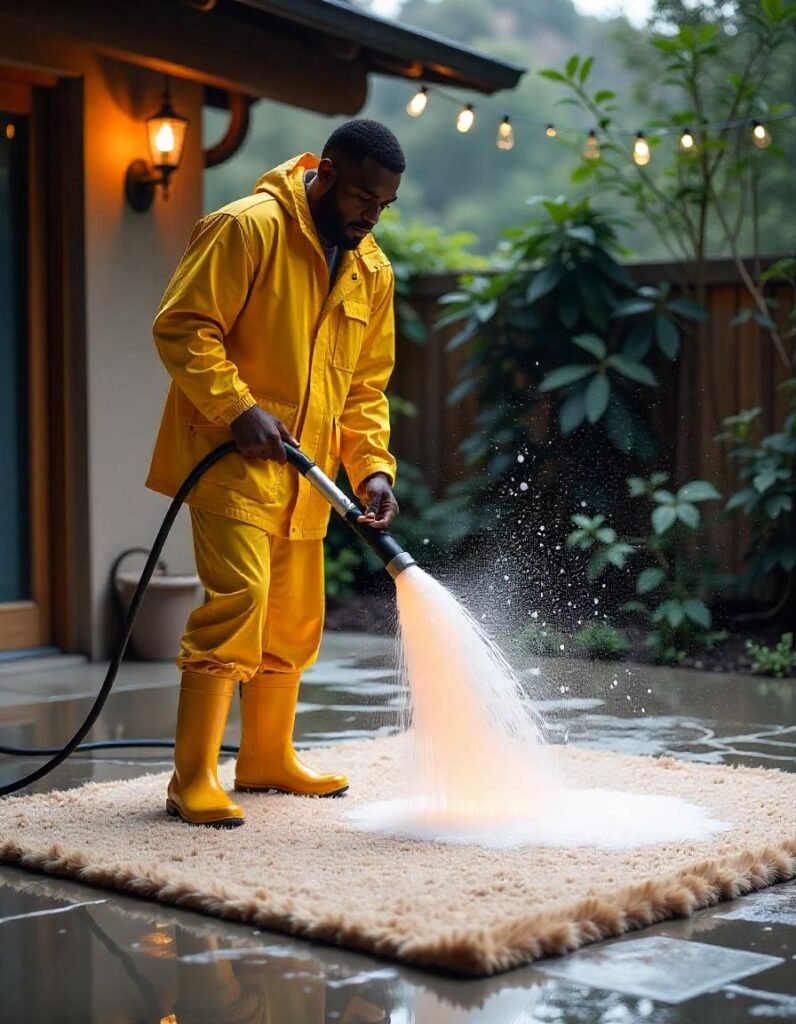 a man is power washing the rug