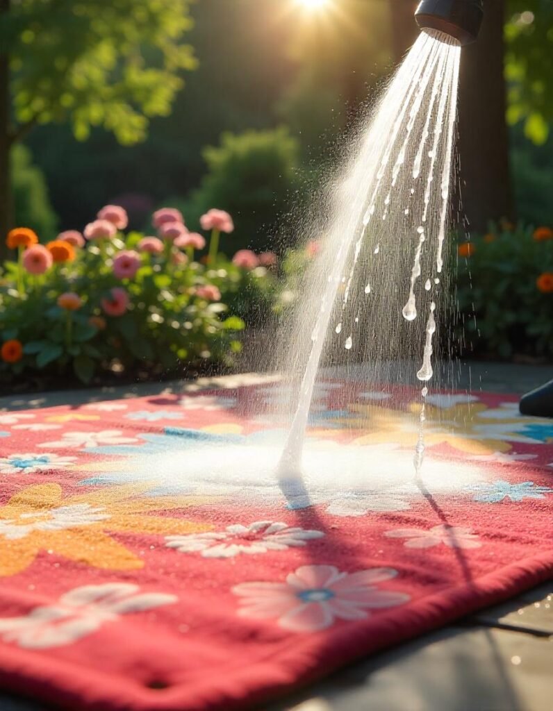 power washing a rug in the beautiful garden