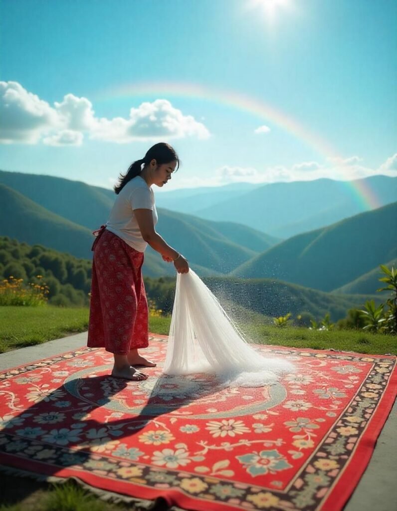 a girl is power wshing the rug in the open beautiful surface