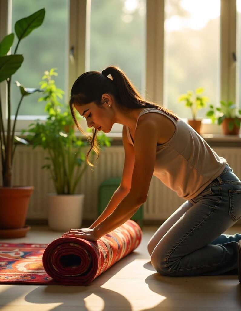 a girl is rolling the rug