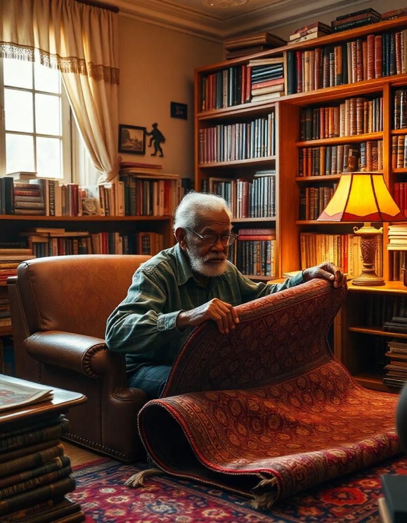 an old man rolling antique rug