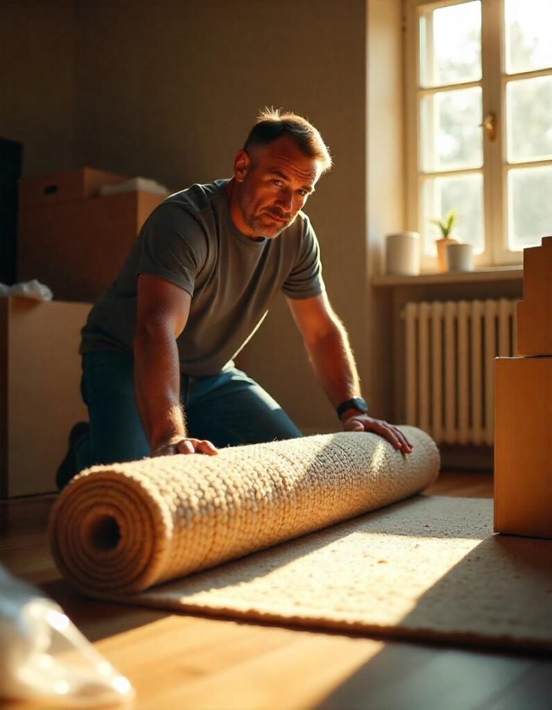 a man is going to store the rug