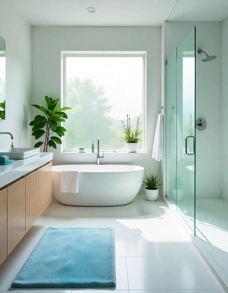 a beautiful bathroom with a beautiful contour bath rug 