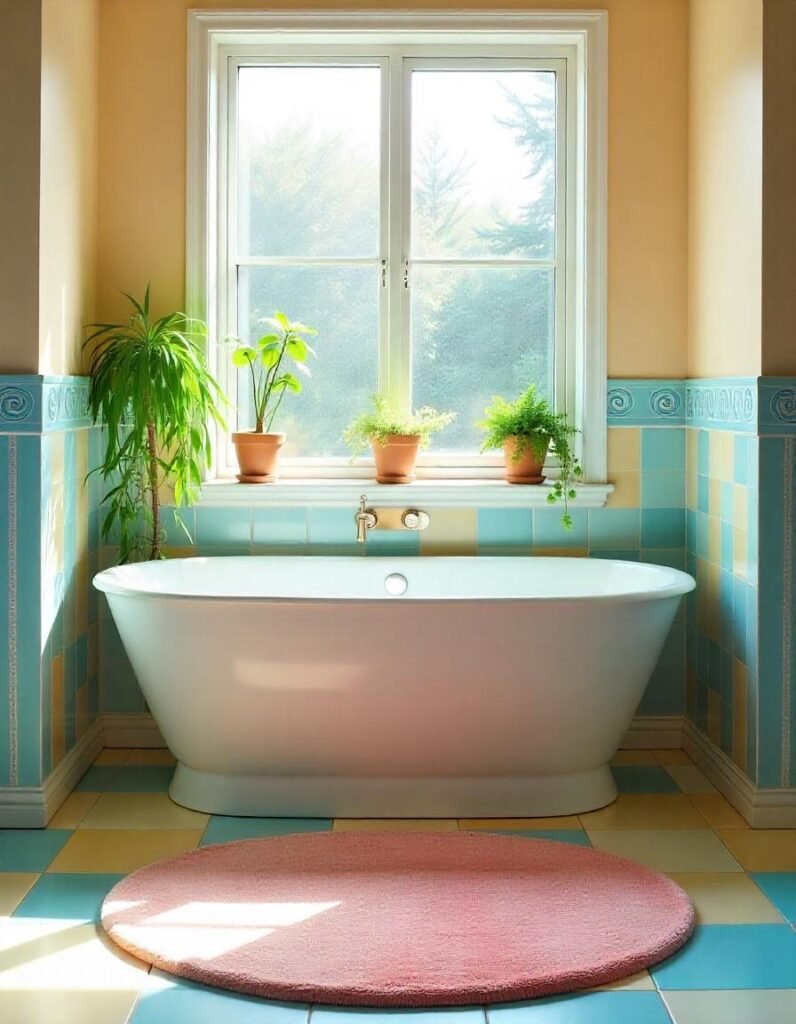 a colorful beautiful bathroom with pink contour bath rug