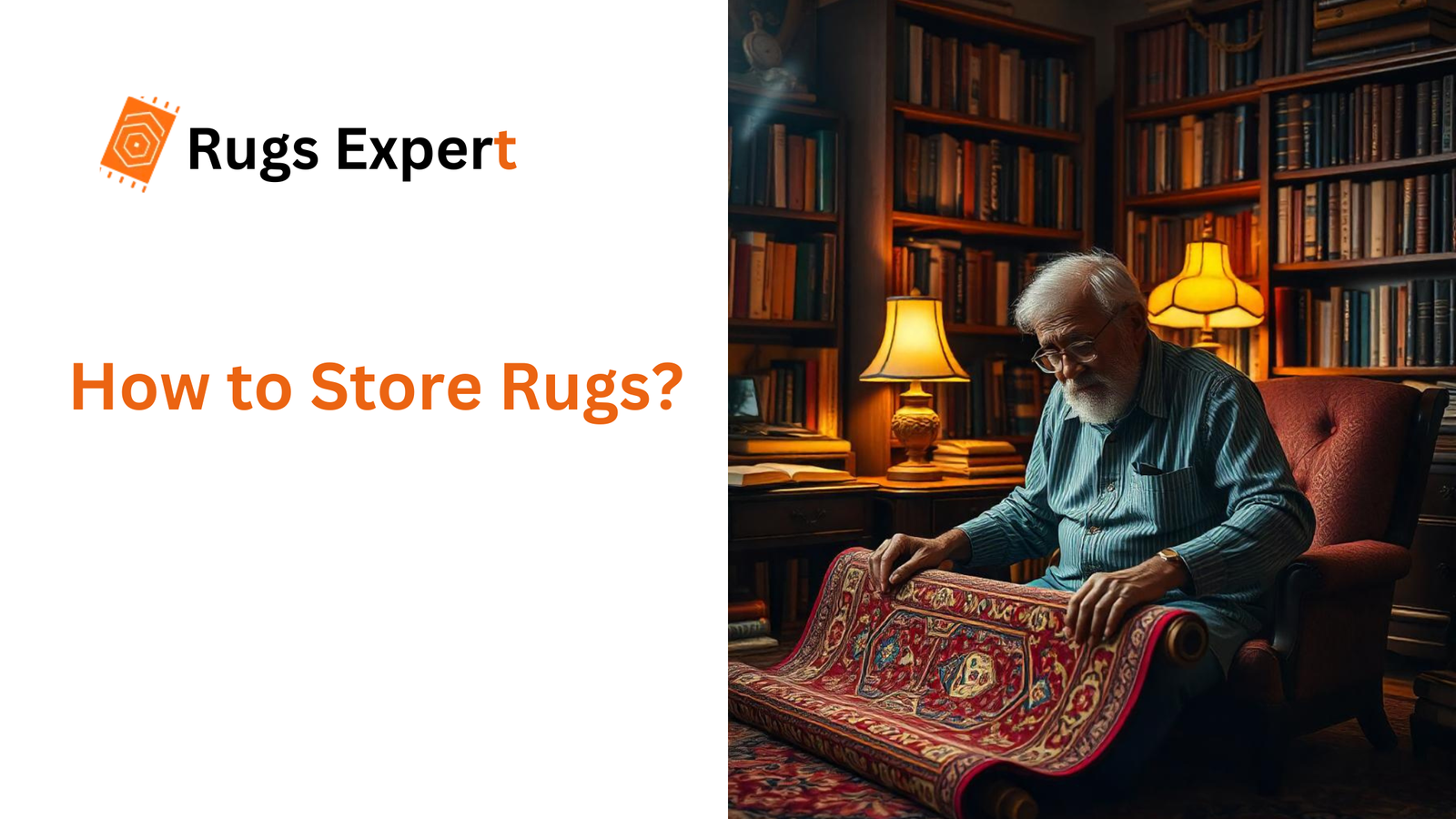 image containing text "how to store rugs" and a man rolling the antique rug