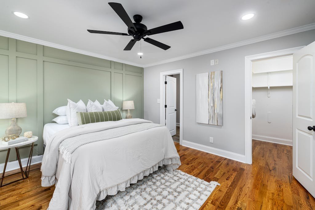 Interior of a Bedroom and lambskin rug