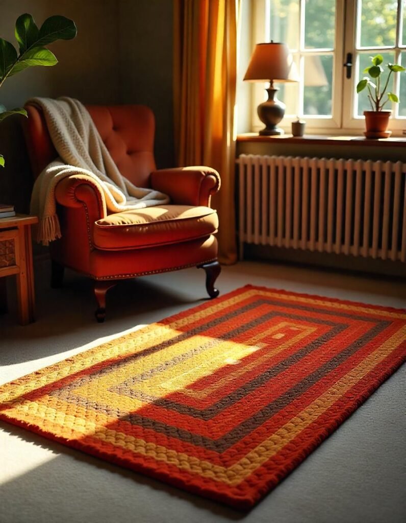 hooked rug and a chair in the balcony