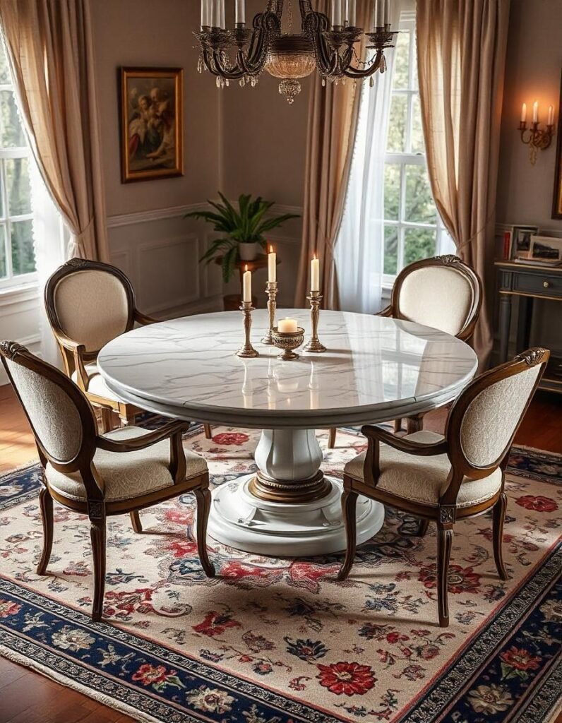 square rug under round dining table in the beautiful dining hall