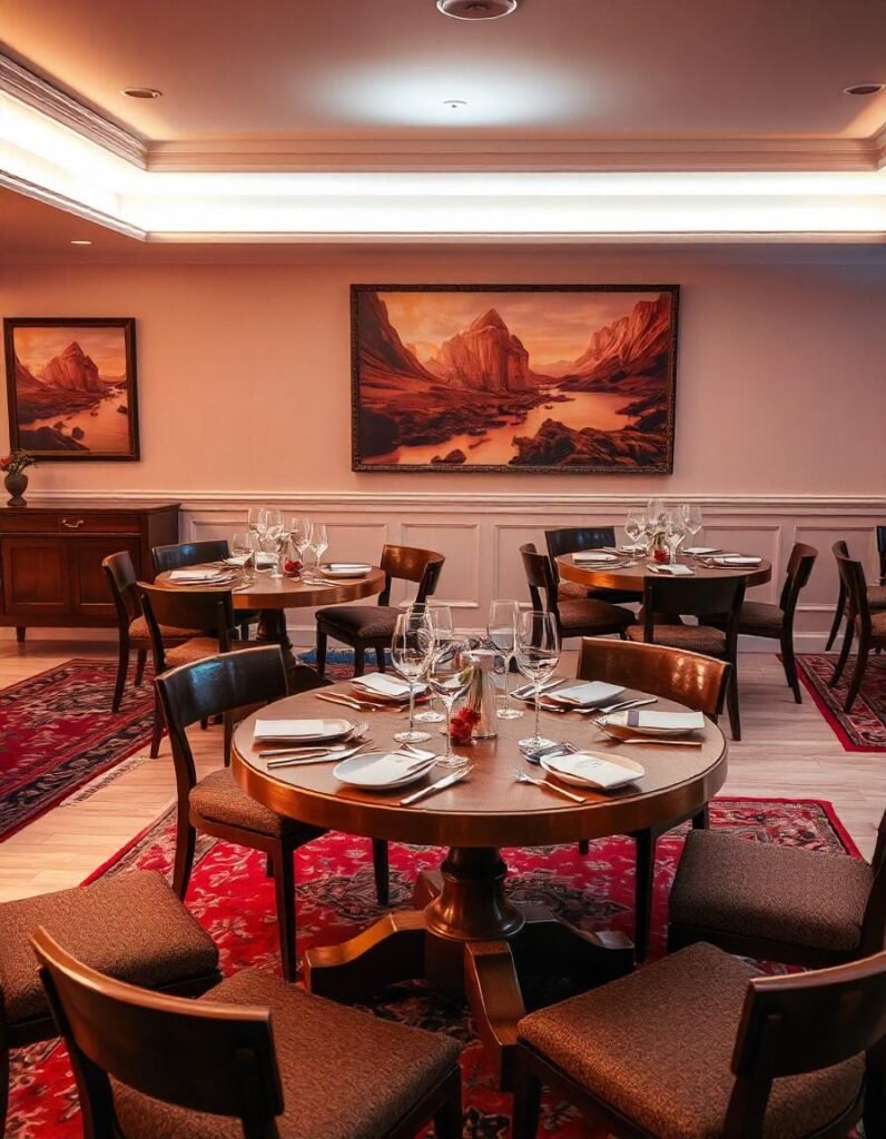 colorful rug under round dining table in wide dining hall