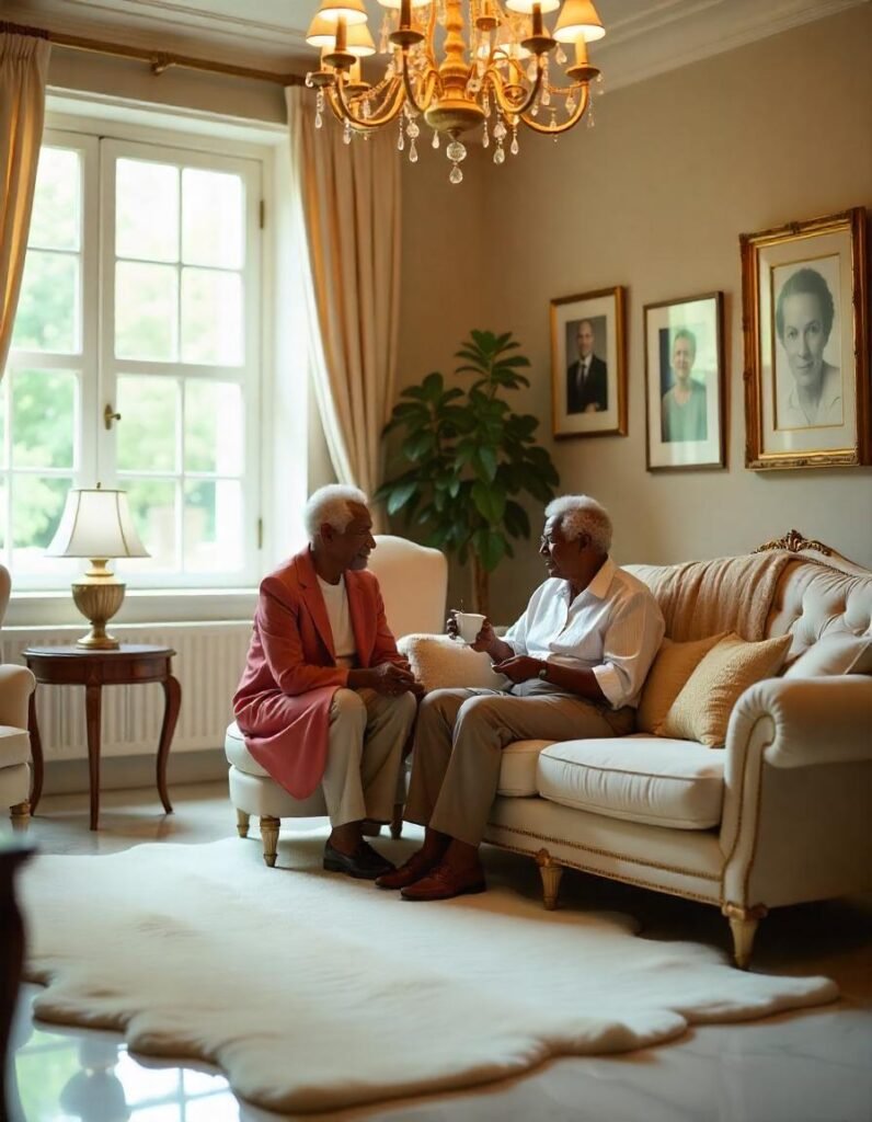 two friends are talking while sitting on sofa that is on the sheepskin rug