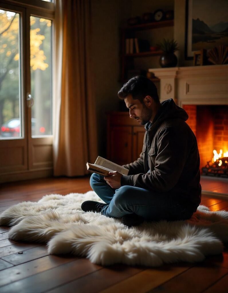 a man sitting on the lambskin rug while reading book