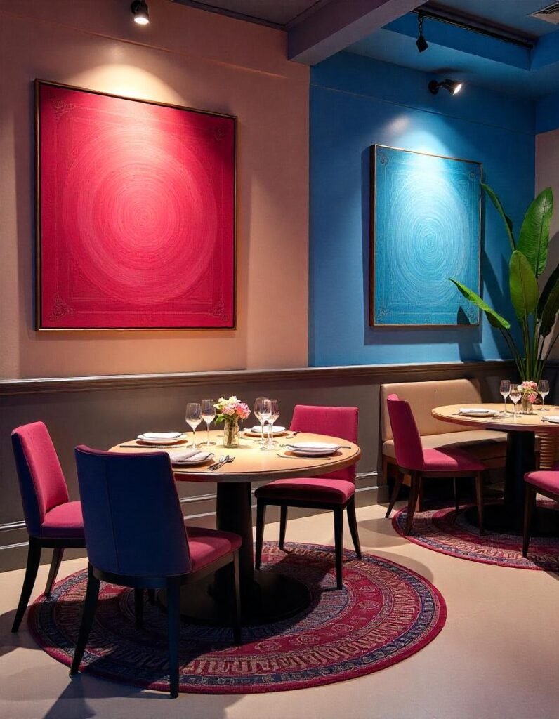 rug under round dining table in the rich color dining hall