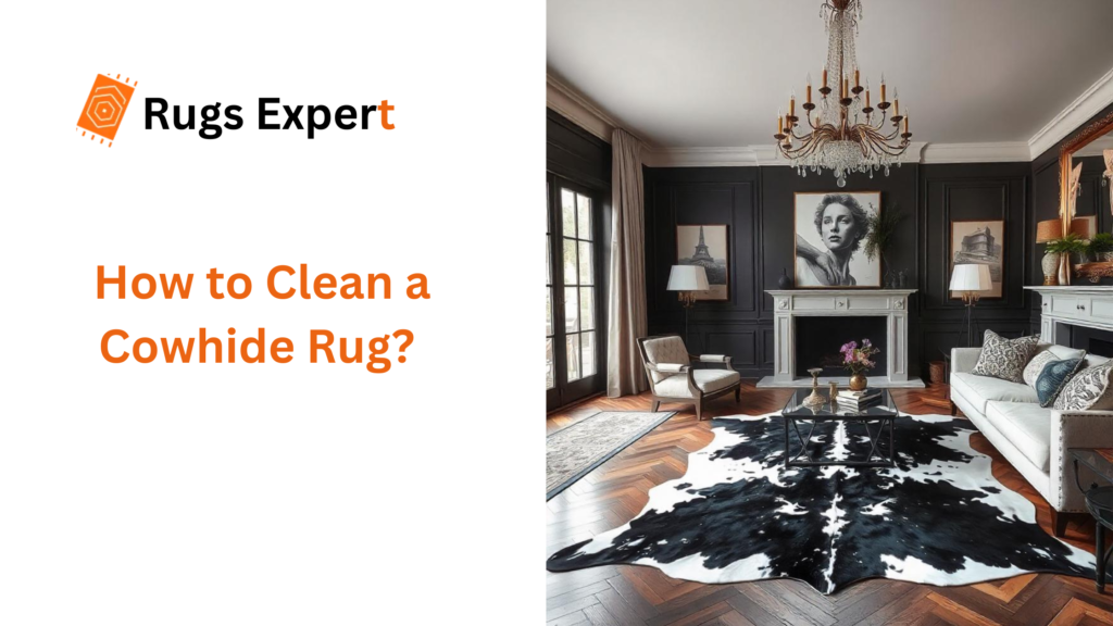 Text "How to clean a Cowhide Rug" and an elegent living room with cowhide rug on the floor