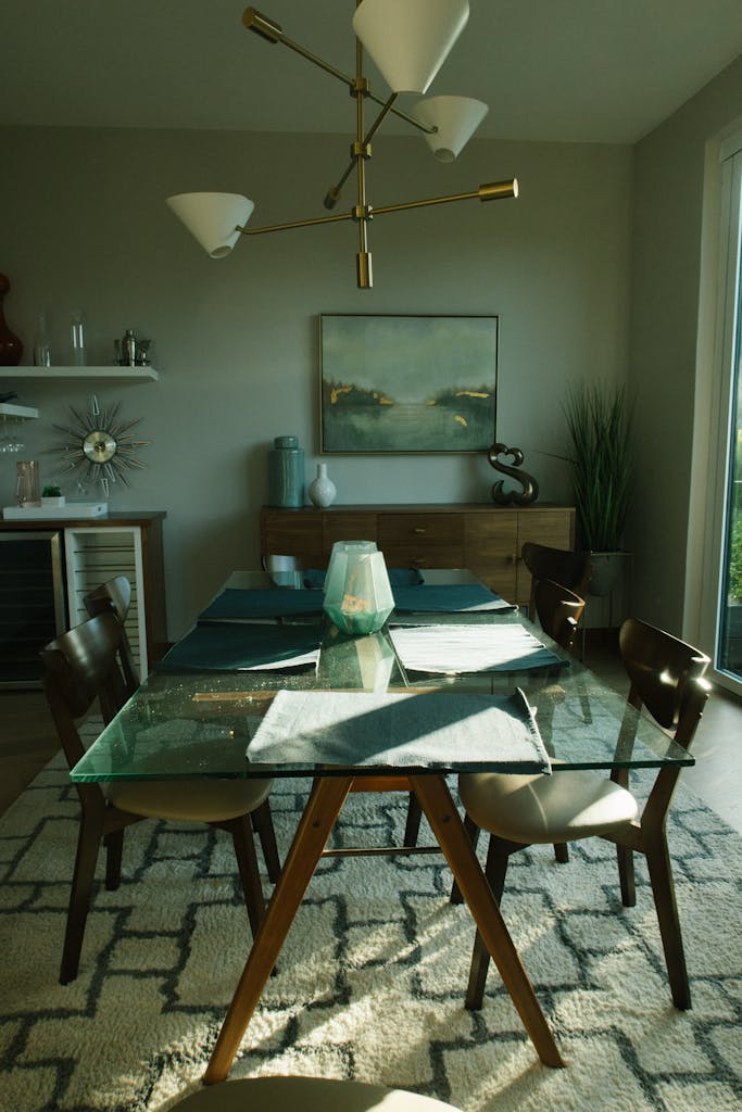 Elegant dining room featuring a glass table, modern chandelier, art decor and rug.