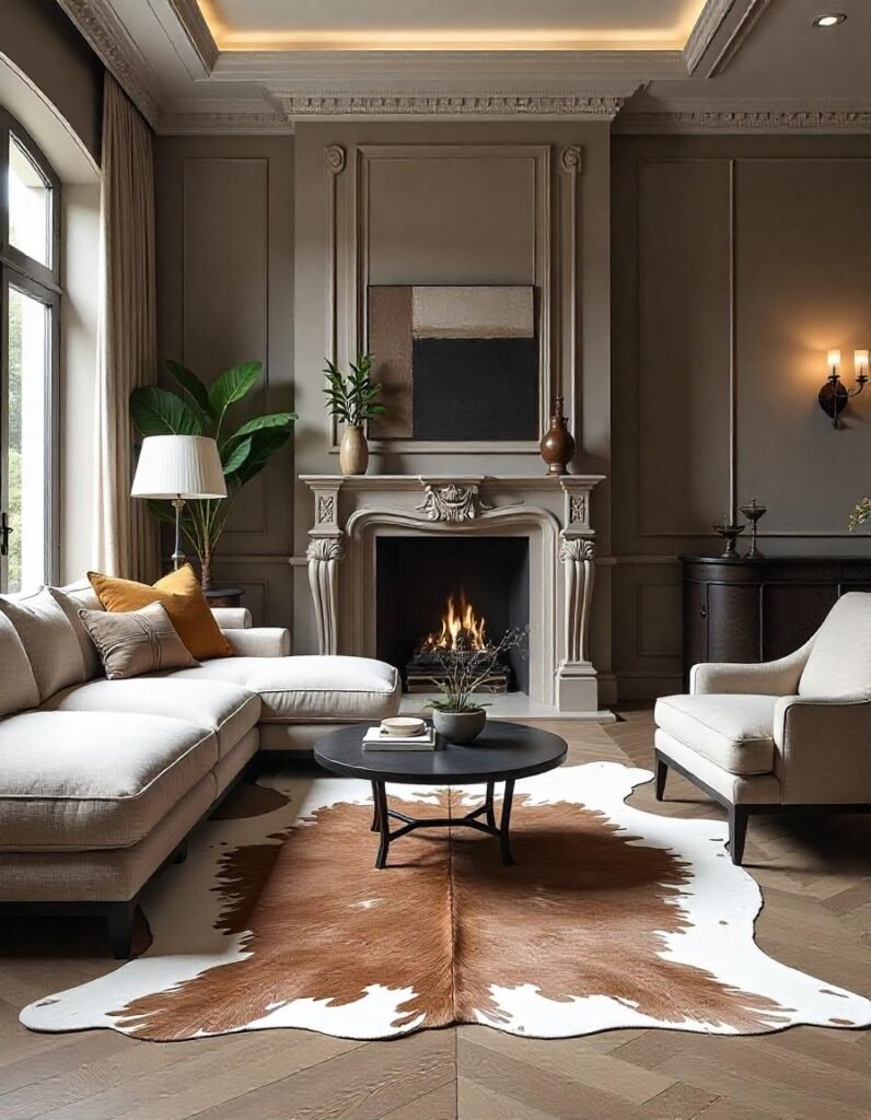 A stunning living room with elegent couches and cowhide rug. 