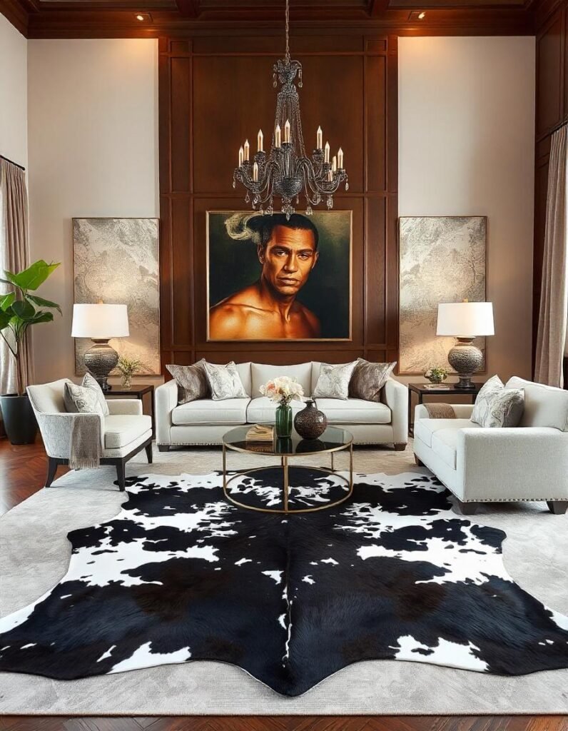 A stunning living room with cowhide rug