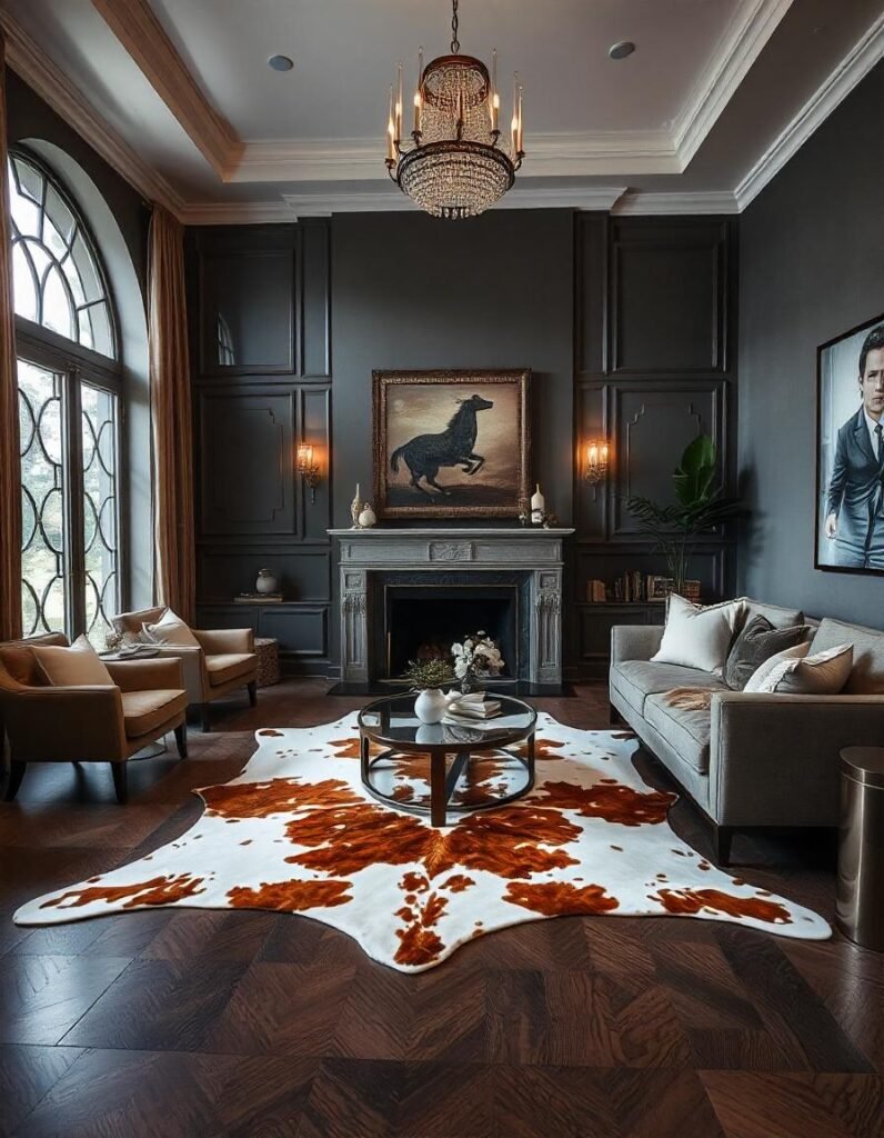 A levish living room decorated with beautiful cowhide rug