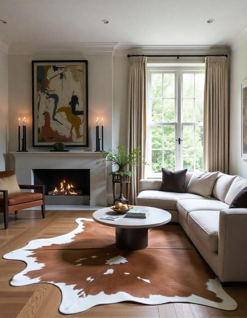 A beautiful living room with Cowhide rug 