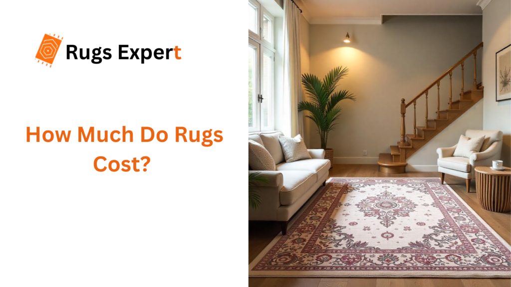 text "how much do rugs cost" and a beatiful living room decrated with beautiful rug and sofa