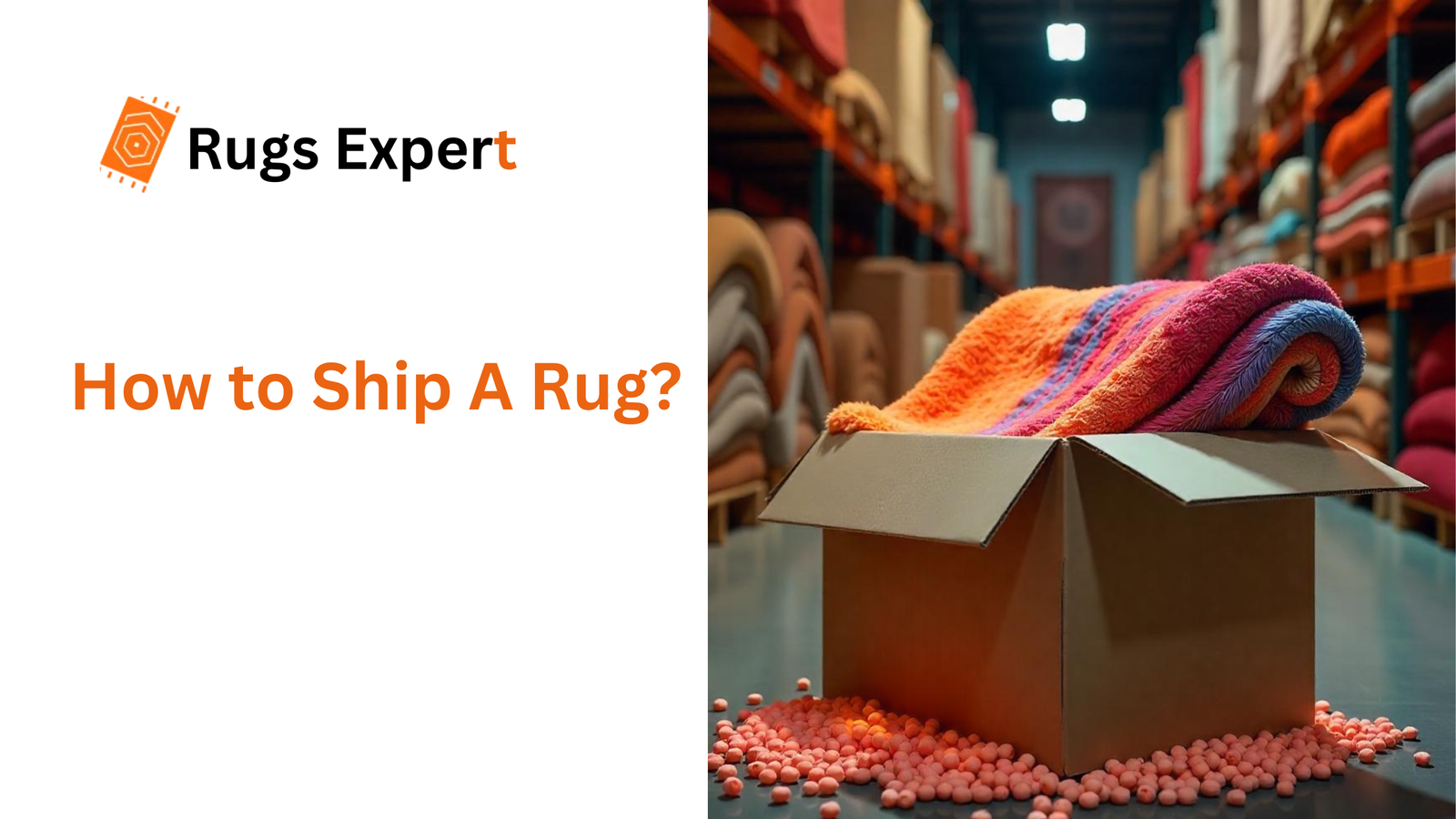 image containing text "how to ship a rug" and a colorful rug in the box