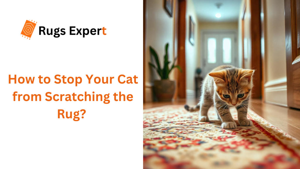 text "how to stop your cat from scratching the rug?" and a cat on the rug in the hallway. 