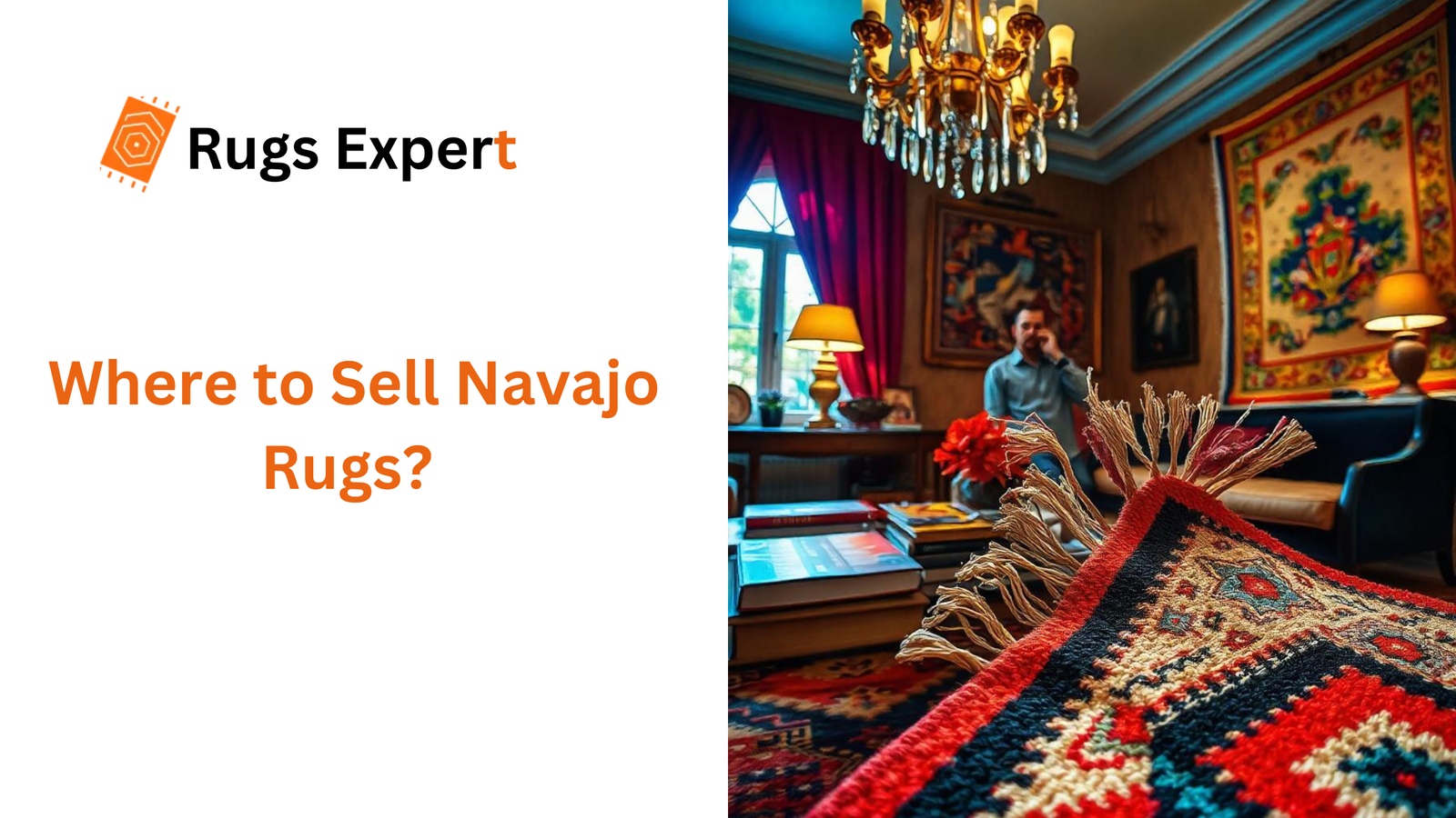 text "where to sell Navajo rugs" and a beautiful navajo rug in the beautiful living room