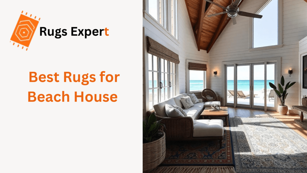 Text "Best Rugs for Beach House" and a beautiful beach house with beautiful living room and rugs