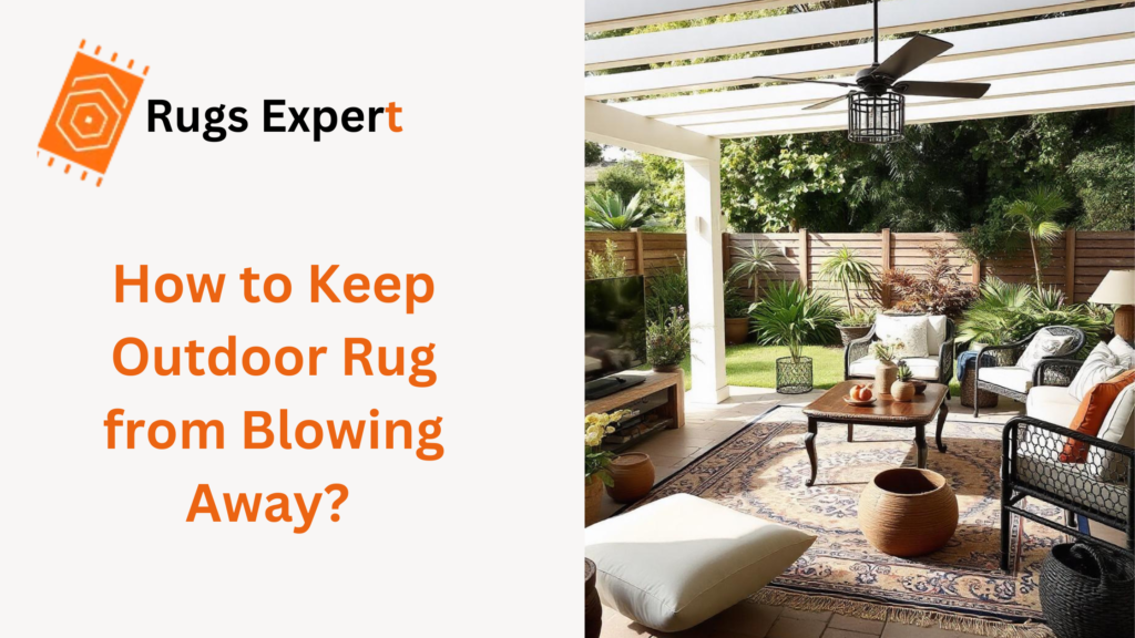 Text "How to keep outdoor rug from blowing away" and a beatiful outdoor living room with outdoor rug 