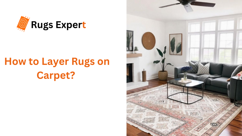 Text "how to layer rugs on carpet" and a beautiful living room with sofas and layered rug