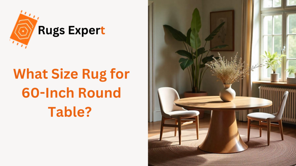 text "What Size Rug for 60-Inch Round Table?" and a 60-inch round table on the round rug in the beautiful living room  