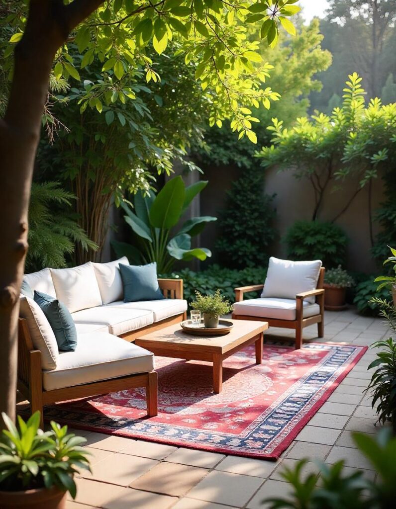 Outoor living room with beautful decors and outdoor rug