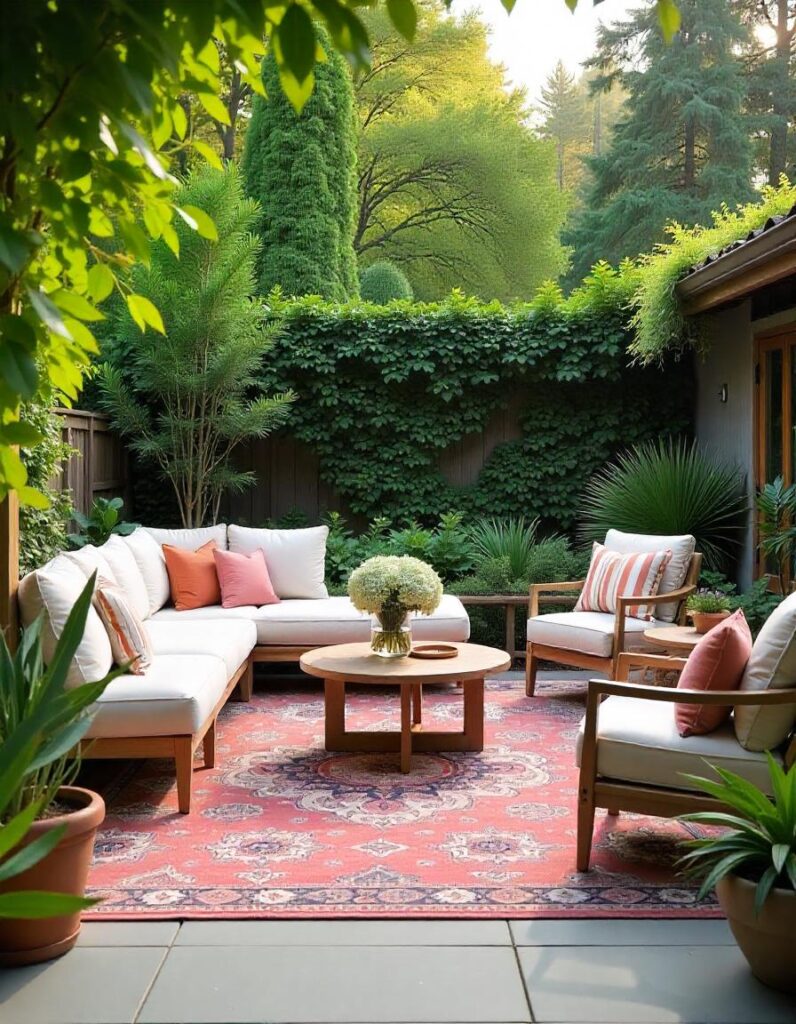 a lavish outdoor living room with plants and outdoor rug