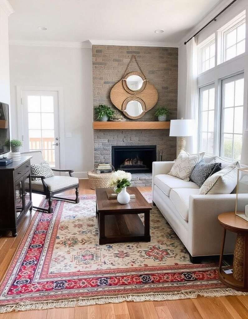 mixed pattern rug with other beautiful decor in the beach house