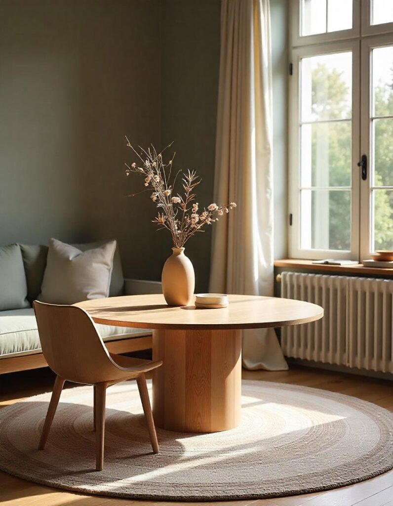 a 60-inch round table on the round rug in the beautiful living room. 