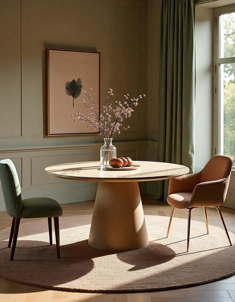 A beautiful rug under the soft dining chairs and 60-inch round table in the dining room. 