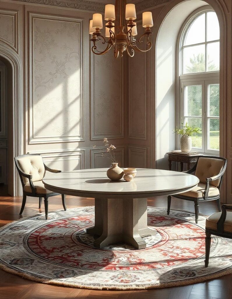 a lavish living room with 60-inch round table and chairs on the round rug