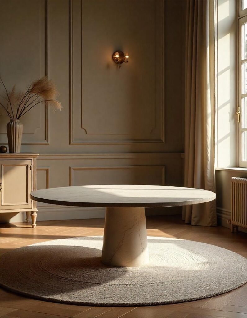 a cozy living room with 60-inch round table on the round rug. 