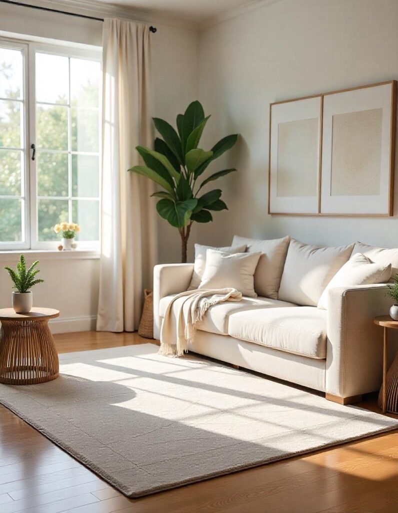 a living room with  9x12 Area Rug, plants and sofa