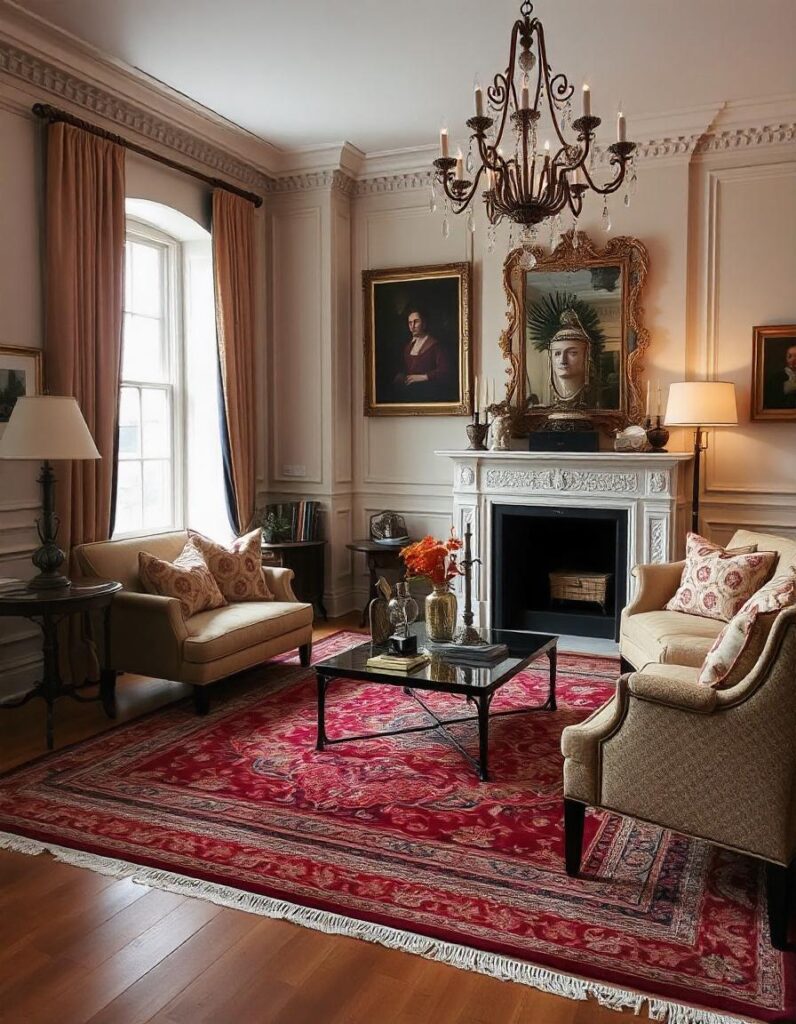 a classic living room with layered rugs