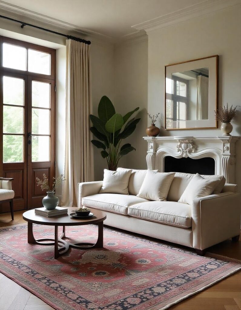 a beautiful living room with layered rug and sofa