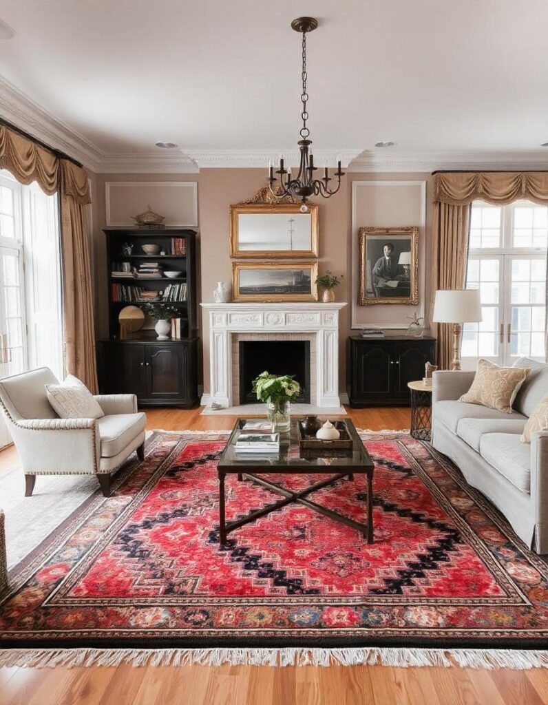 a beautiul living space with layered rug on the carpet