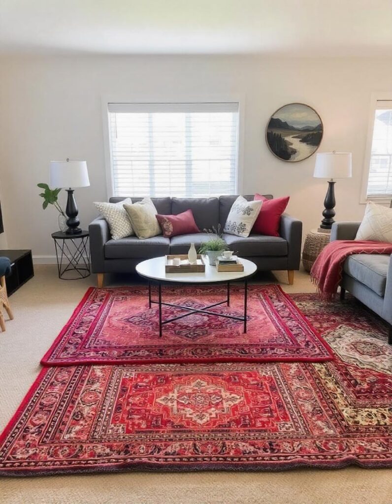 A lavish living room with layered rug