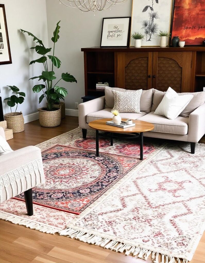 A decorated living room with layered rugs on the carpet