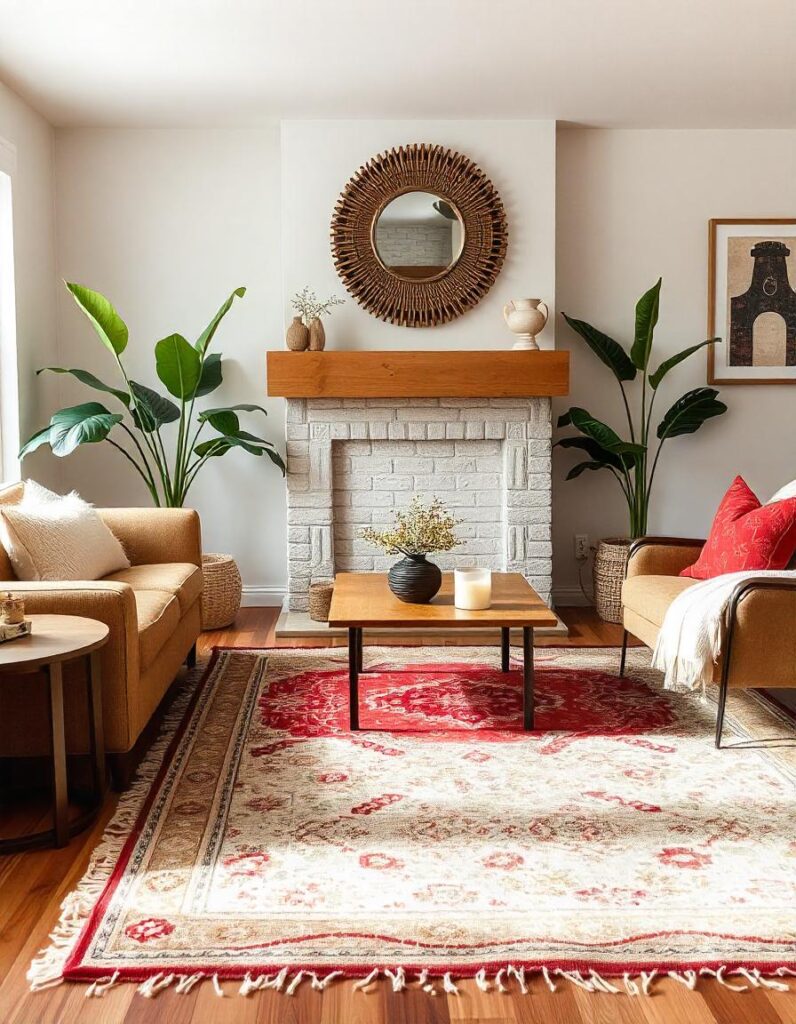 A beautifully decorated living room with layered rug