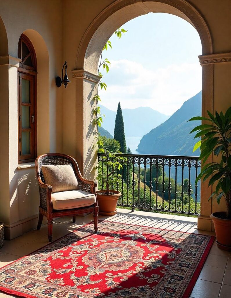 beautiful blacony with oriental rug and chair and plants 