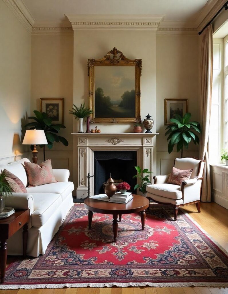 a beautiful living room with beautiful oriental rug and decors