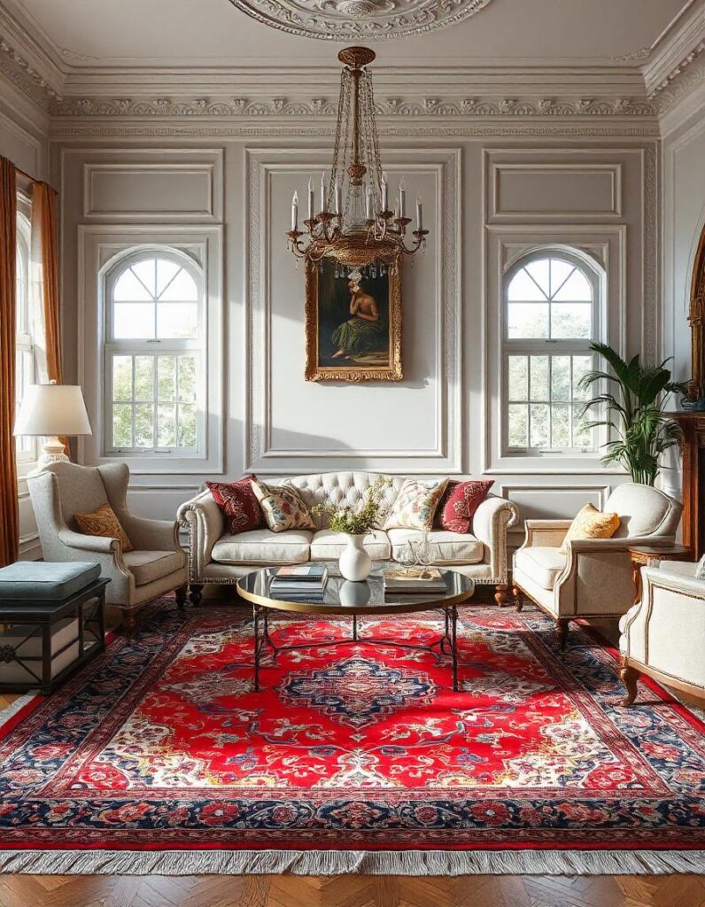 a lavish drawing room with persian oriental rug and couches 